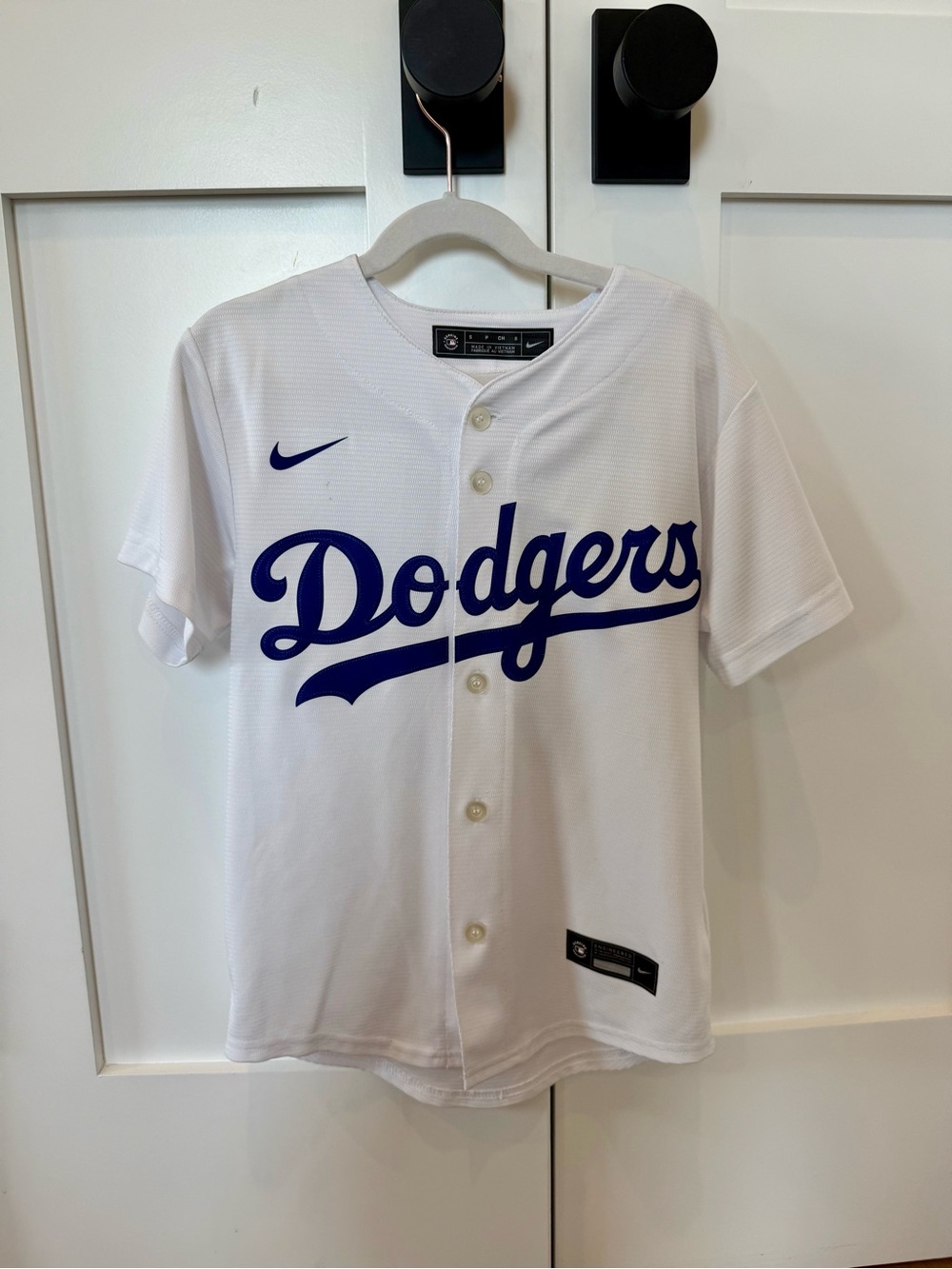 Nike Kids White Dodgers Button-Front Jersey with Blue Script